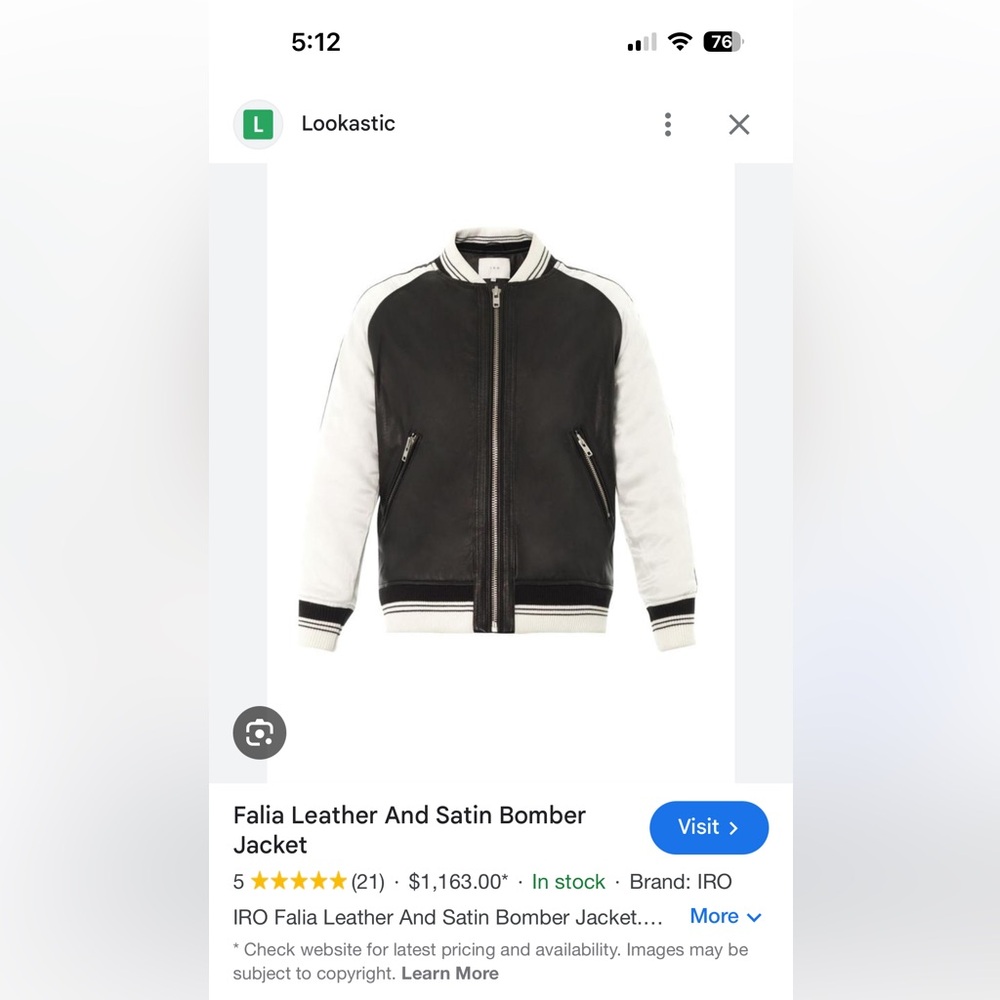 IRO Falia satin & leather bomber jacket. NWT!!!!